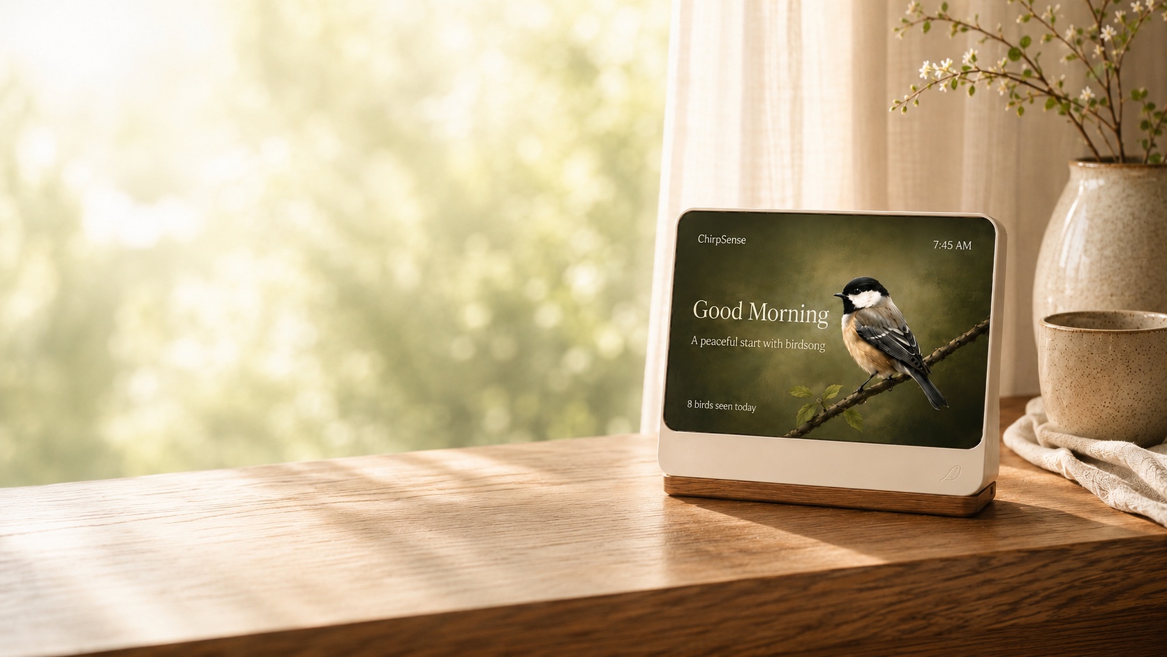 ChirpSense smart bird listening display on a wooden table near a window showing a chickadee in a morning bird scene.